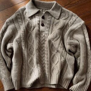 Vintage Cable Knit Fisherman Sweater Cream Tan Collared Chunky Large